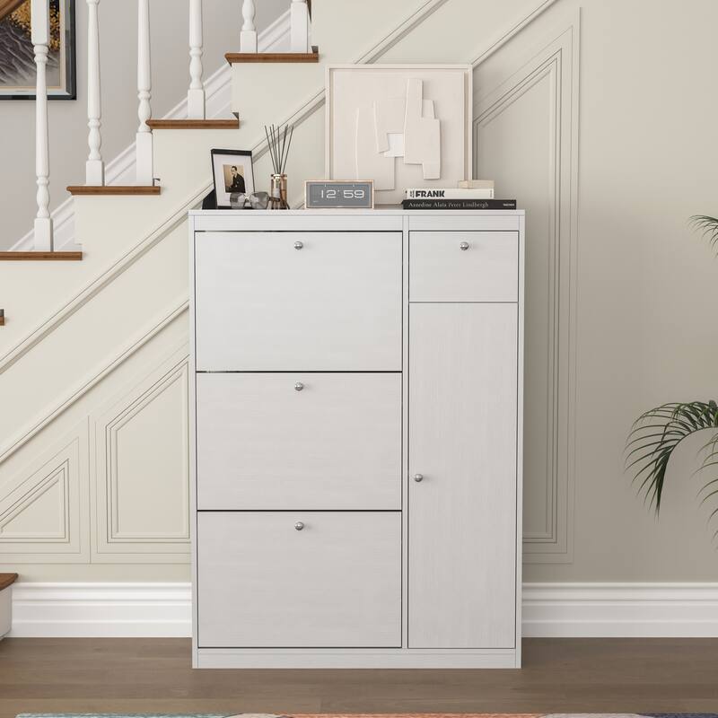 Narrow Shoe Rack Cabinet Organizer with 3 Flip Drawers, Adjustable Compartments and Spacious Top for Entryway or Hallway