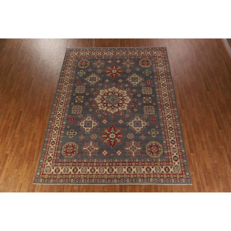 Hand Knotted Oriental 100% Wool Carpet Traditional Geometric Greys & Charcoal Kazak Area Rug - 11' 11'' X 9' 0''