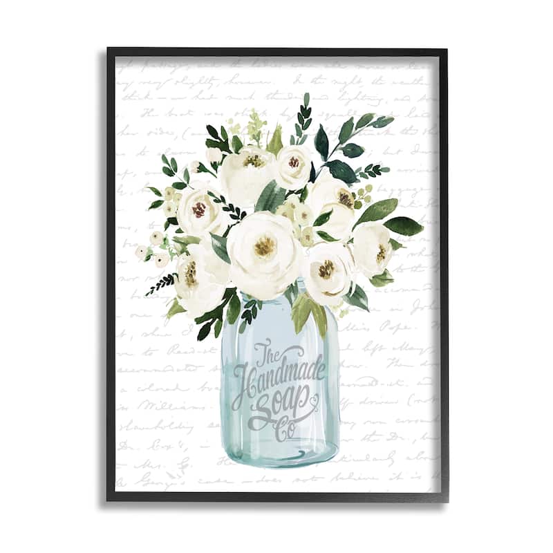 Stupell White Blooms Flower Bouquet Classic Jar Script Framed Wall Art, Design by Lettered and Lined - Off-White - 11 x 14 - Black