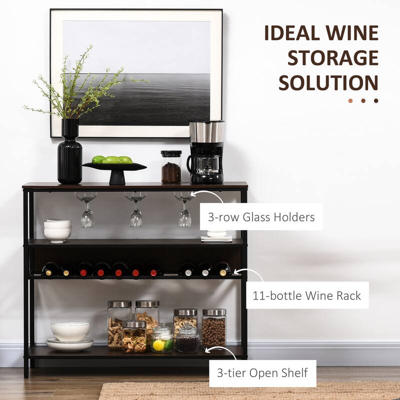 HOMCOM Industrial Wine Rack with 11-Bottles Holder, Free Standing Wine Shelf with Glass Holders, Dark Brown
