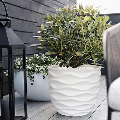 White Horizontal Waves Round MgO Indoor/Outdoor Planter - 11.6" H x 13.4" Diameter