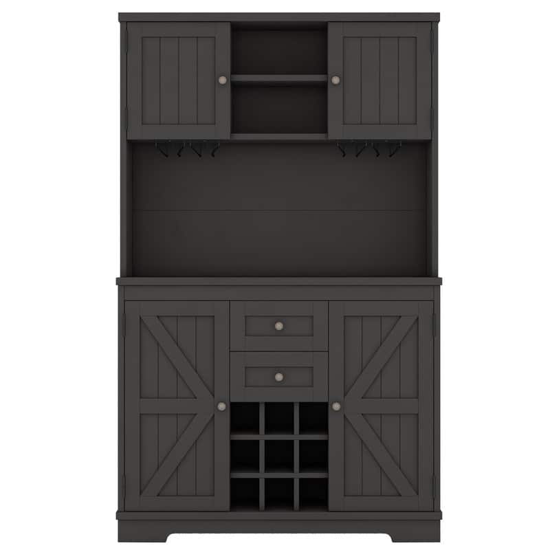 Farmhouse Home Bar Wine Storage Cabinet, Buffet Sideboard Kitchen Pantry with Adjustable Shelves, Drawers & Wine Glass Racks