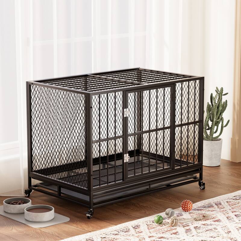 EROMMY Heavy Duty Dog Crate Furniture, Indoor Dog Kennel with Metal Mesh, Removable Tray & Lockable Wheels.