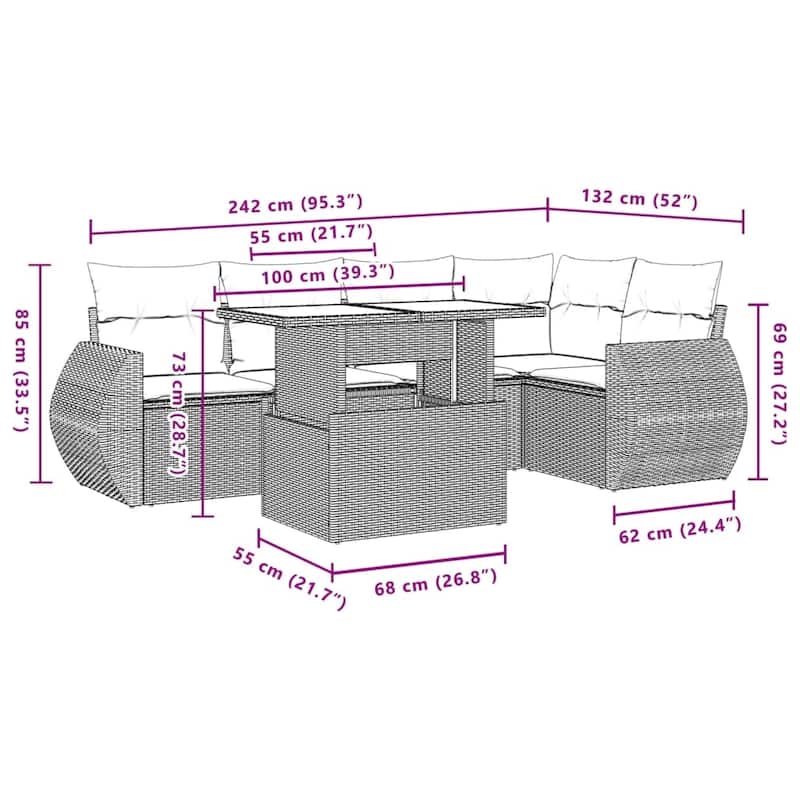 vidaXL Patio Sofa Set with Cushions Outdoor Furniture 6 Piece Poly Rattan - 21.7 x 39.4 x 28.7
