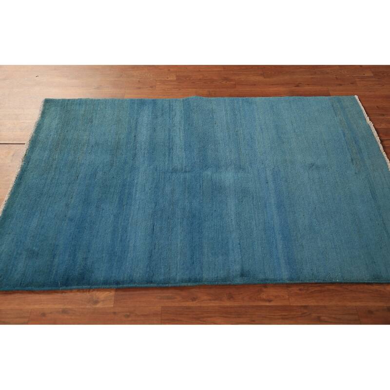Blue Striped Modern Gabbeh Oriental Rug Hand-Knotted Wool Carpet - 3'6" x 4'10"