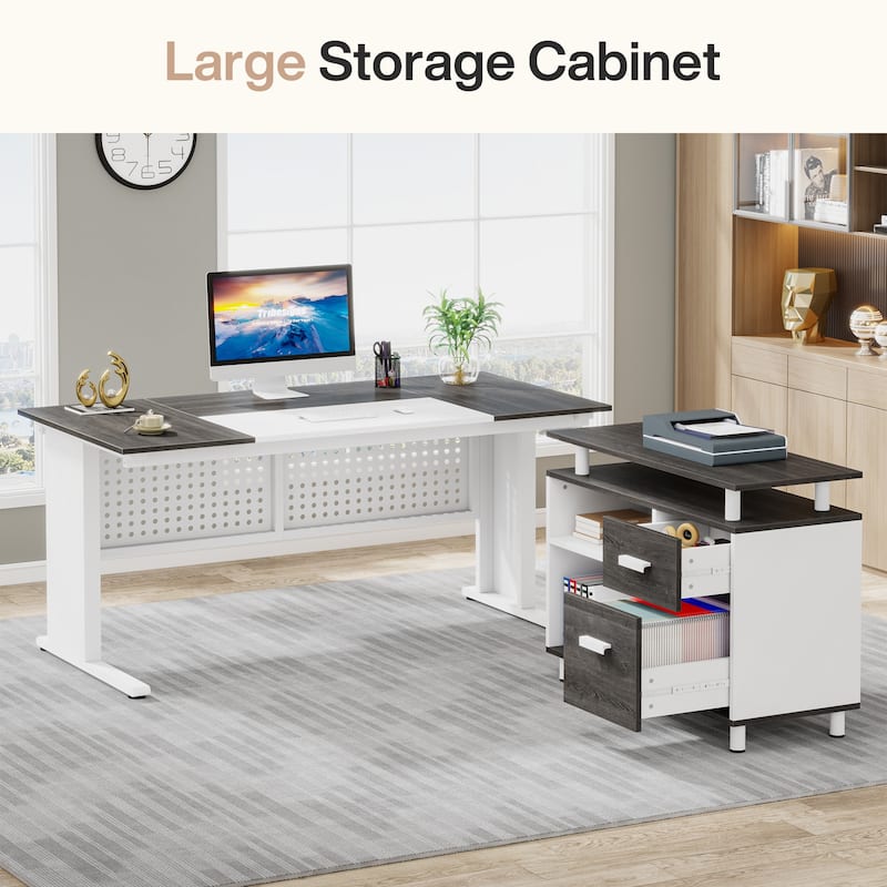 63'' Executive Desk with File Cabinet, L-Shaped Computer Desk Business Furniture Set Home Office Workstation