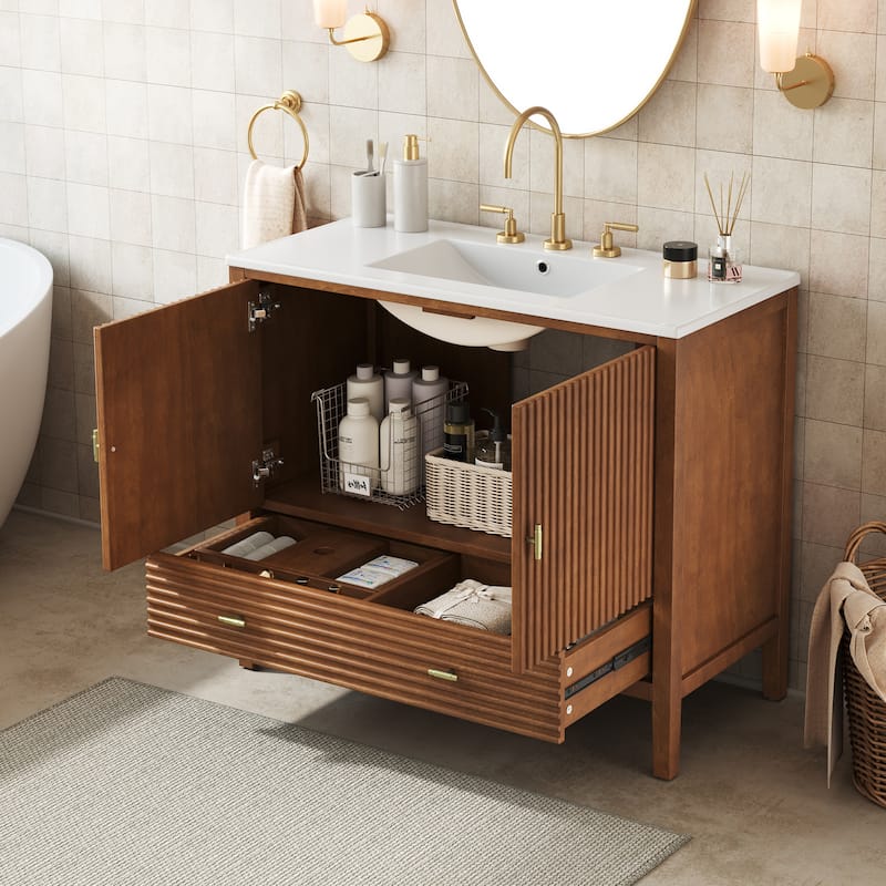 Christopher Knight Home - Mid-Century Freestanding Bathroom Vanity with Ceramic Sink, Flip-Up & Dual Drawers