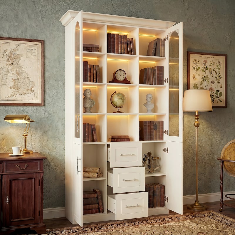 Modular Bookcase with LED Lights, Glass Door Storage Cabinet with Drawers, Large Display Shelving Unit Sideboard