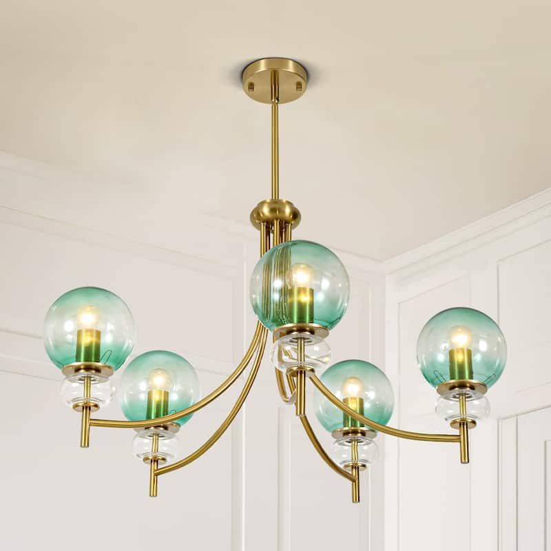 5-Light Mid-Century Modern Luxury Green Sputnik with Open/Bubble Glass Globe Shades Chandelier for Dining Room, Living Room
