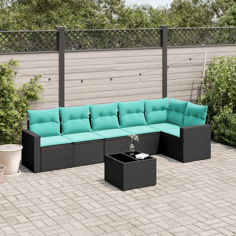 vidaXL Patio Sofa Set with Cushions Outdoor Conversation Furniture Poly Rattan - 25.8" x 24.4" x 27.2" - Black and blue with table