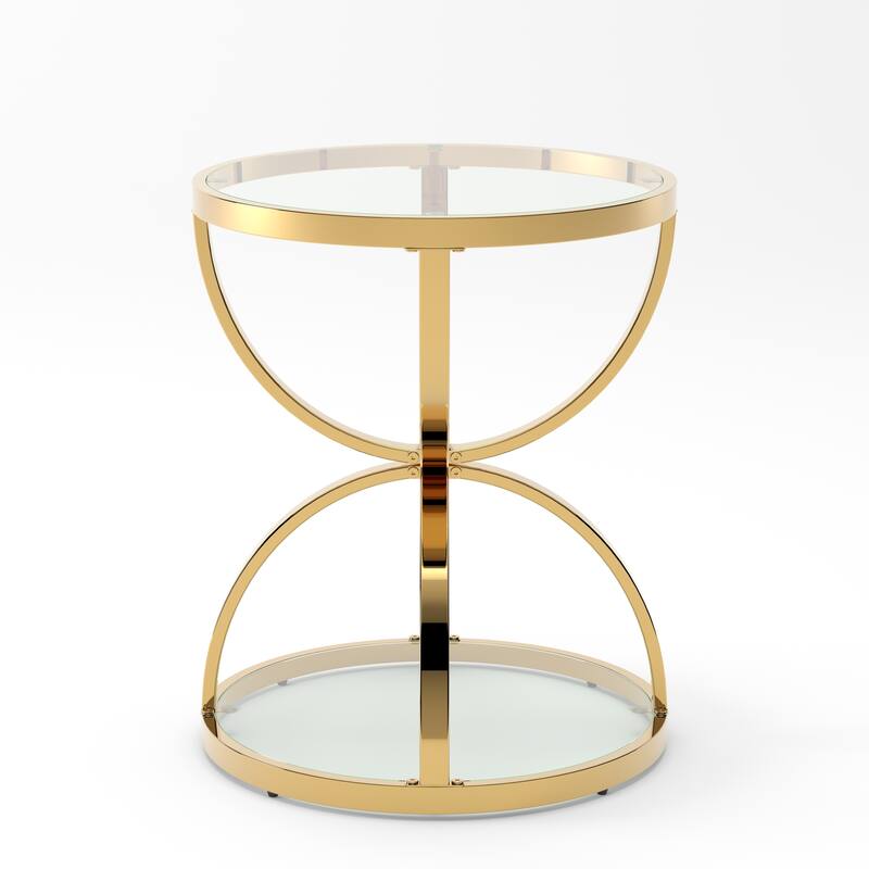 Modern 2 Tiers Glass Coffee Table with Ring-Shaped Metal Frames