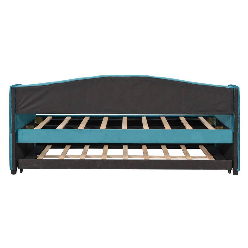 Twin Size Upholstered Daybed with Trundle, Wooden Tufted Sofa Bed Frame with 2 Drawers Underneath & Wood Slat Support