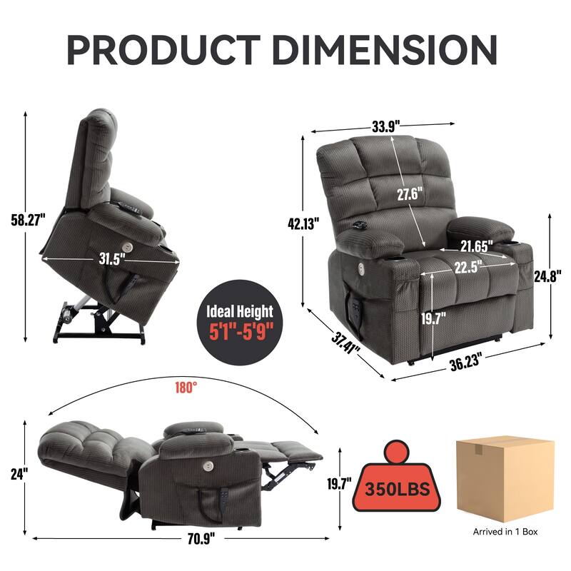 Chenille Power Lift Recliner Chair with 2 Cup Holders, Dual Motor Infinite Position Recliner Sofa with Massage & Heating - Grey