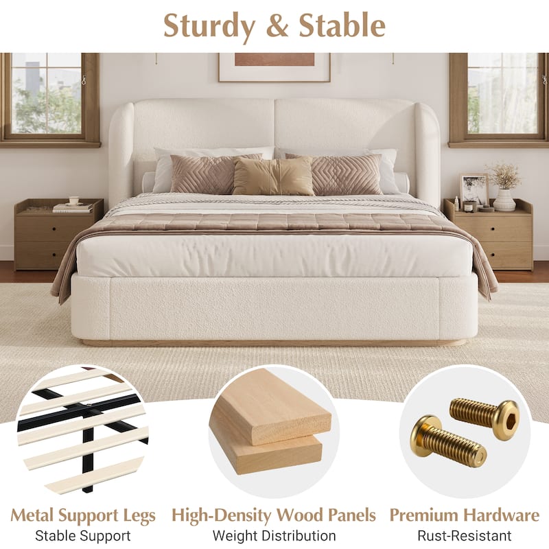 Christopher Knight Home - Valerian Boucle Upholstered Platform Bed with Double-Pillow Headboard