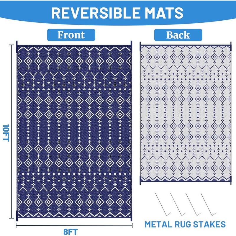 8' x 10' Reversible Outdoor Rug – Waterproof Plastic Straw Mat Blue
