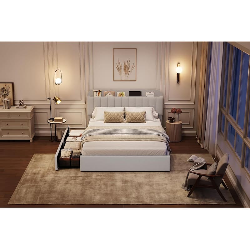 Bed Frame with 2 Drawers, Boucle Upholstered