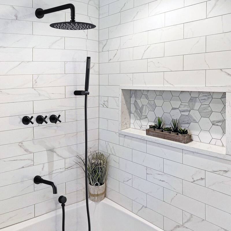 10" Solid Brass Wall Mounted Shower System with Tub Spout and 3-Cross Handles