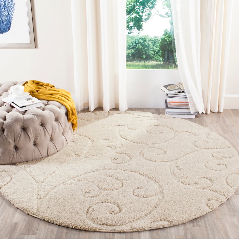SAFAVIEH Florida Shag Shahin Scroll 1.2-inch Thick Textured Rug - 6'7" Round - Creme