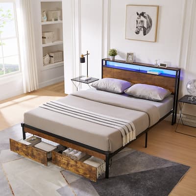 King Size Metal Platform Bed Frame with Wooden Headboard and Footboard with USB,Charging Station,2 Drawers,LED Lights
