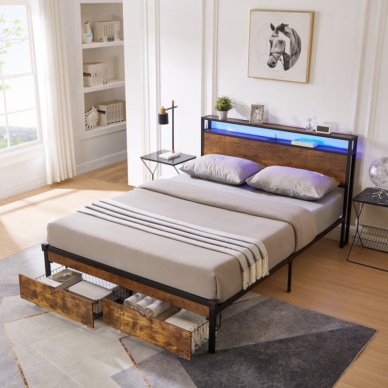 Queen Size Metal Platform Bed with Wooden Headboard, USB Charging, Drawers, LED Lights, No Box Spring Needed