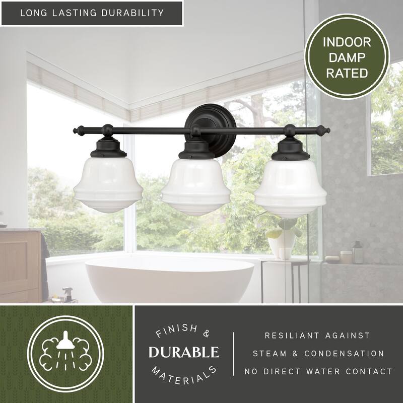 Huntley 3-Light 24 in. W Oil Rubbed Bronze Bathroom Vanity Lighting Fixture, White Schoolhouse Milk Glass Globe Shade, Dimmable