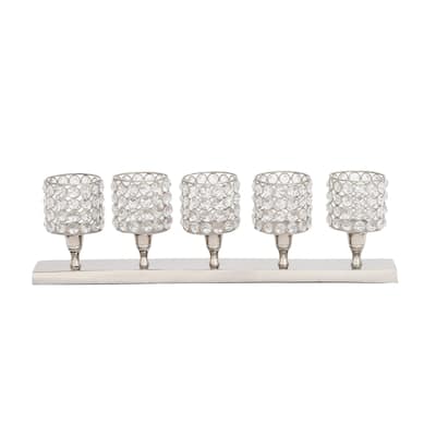 Aluminum Metal Pillar 5 Crystal Sleeve Decorative Candelabra - Silver - Roche River Decor