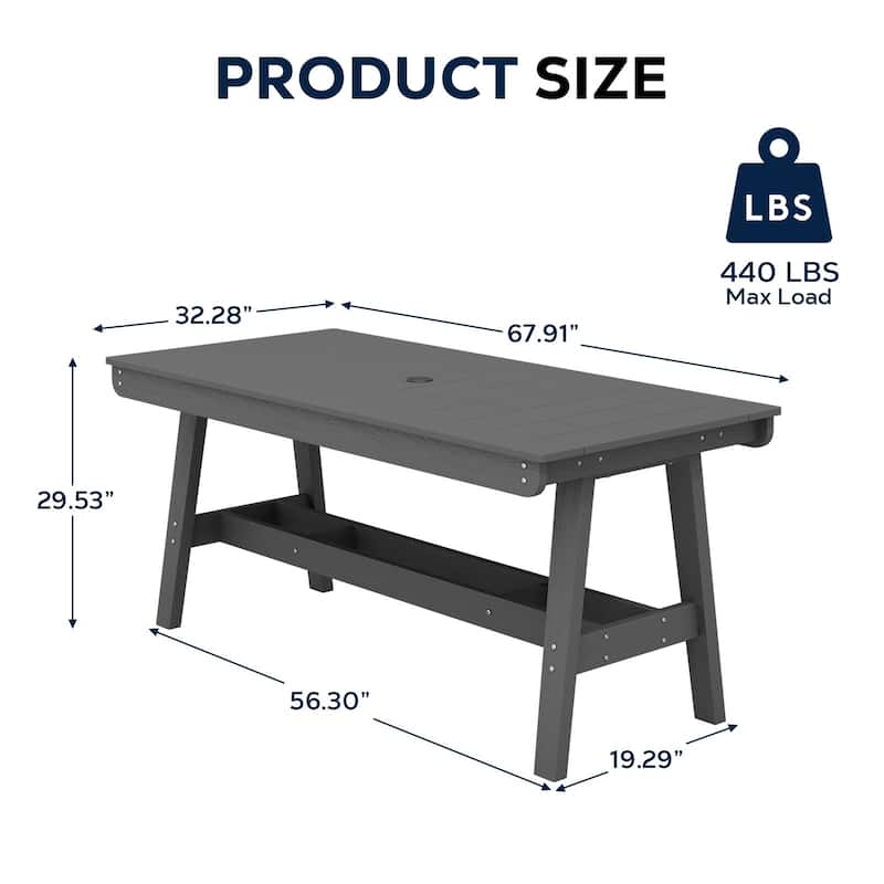 67.91in HDPE Rectangular Patio Dining Table with Umbrella Hole for 4 to 6 People - N/A