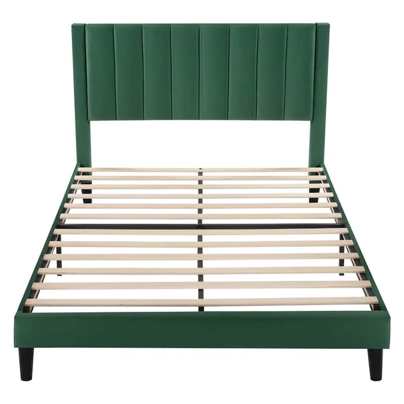 Modern Green Velvet Upholstered Platform Bed with Headboard