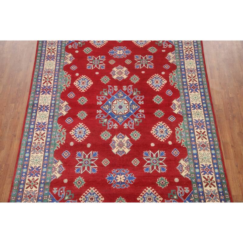 Hand Knotted Oriental 100% Wool Carpet Traditional Geometric Red Kazak Area Rug - 9' 7'' X 6' 7''