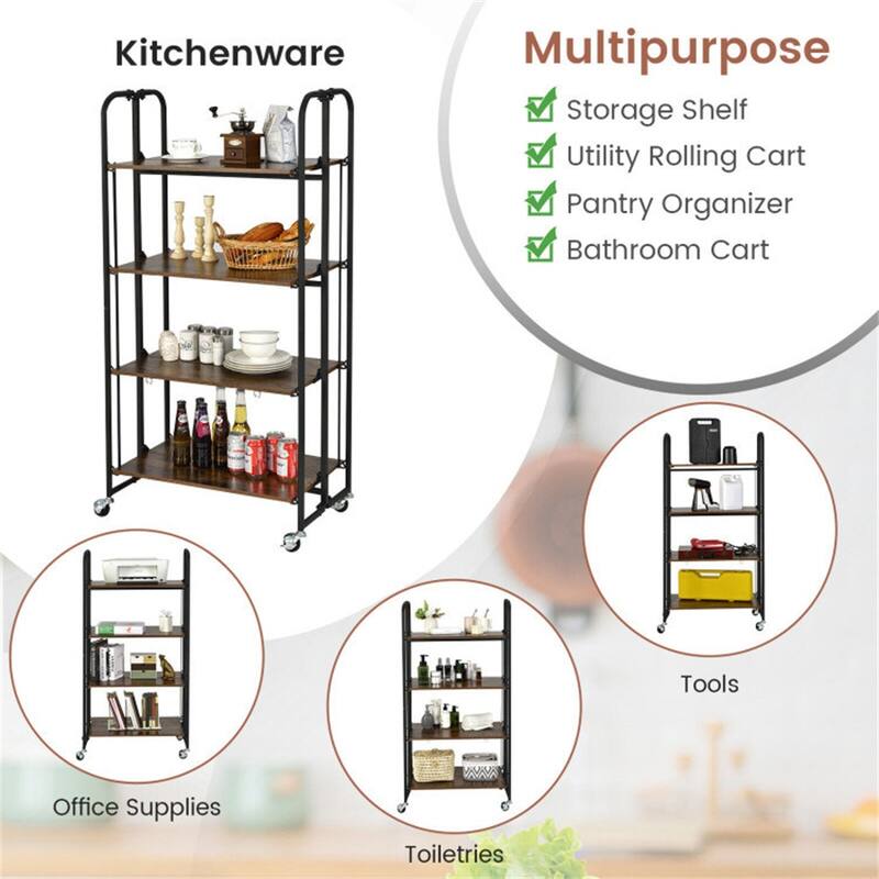 Foldable Rolling Cart with Storage Shelves for Kitchen