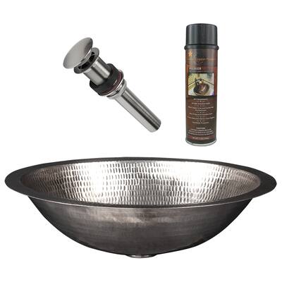 17" Oval Under Counter Hammered Copper Bathroom Sink in Nickel, Matching Drain and Accessories