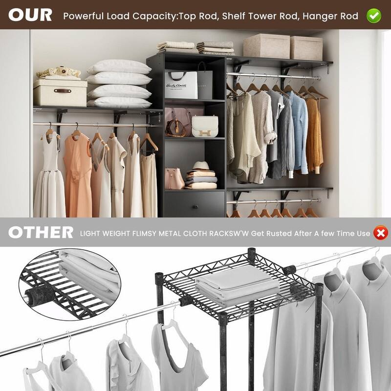 High-Capacity Closet Organizer Wardrobe Rack with Drawers, Shelves & Expandable Hanging Rods (Fits 6-9 ft Spaces)
