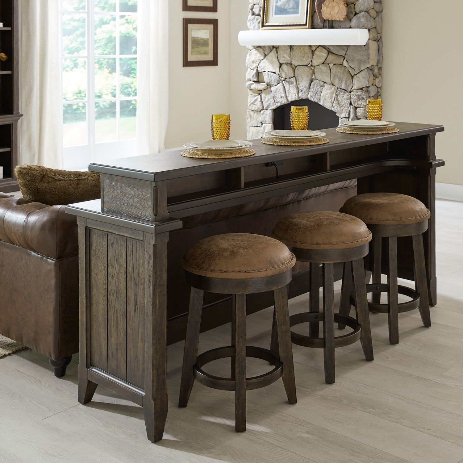 Paradise Valley Saddle Brown 4 Piece Console Table Set - Console Bar Table, 3 Stools