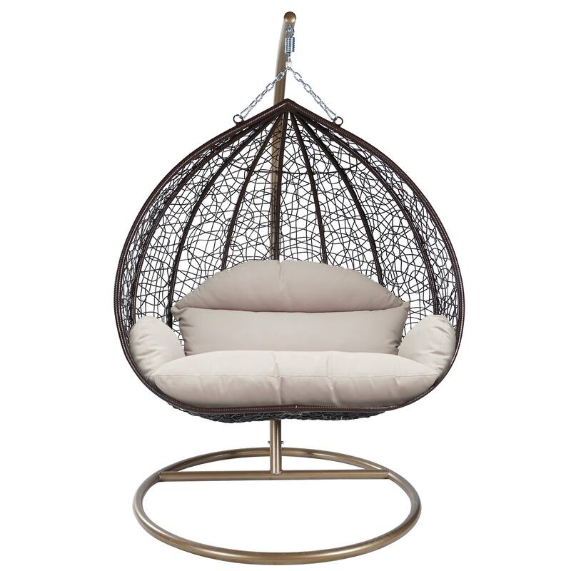 2-Person Egg Swing Chair in Brown Stainless Steel 2-Seater Porch Swing with Stand for Outdoor and Indoor - 77.95" Height - Beige