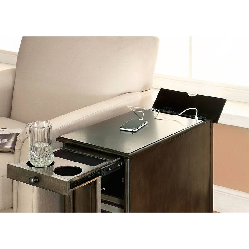 Transitional Side Table with Pull-Out Cup Holder and Built-In USB Outlet