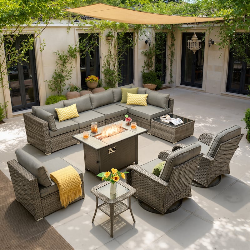 HOOOWOOO 11-piece Wicker Furniture Set Outdoor Sectional Sofa with Fire Pit
