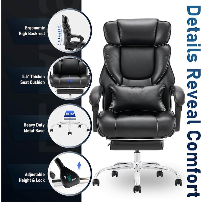 Office Chair with Footrest-Ergonomic Computer Chair with Extra Lumbar Support Pillow, Thick Bonded Leather