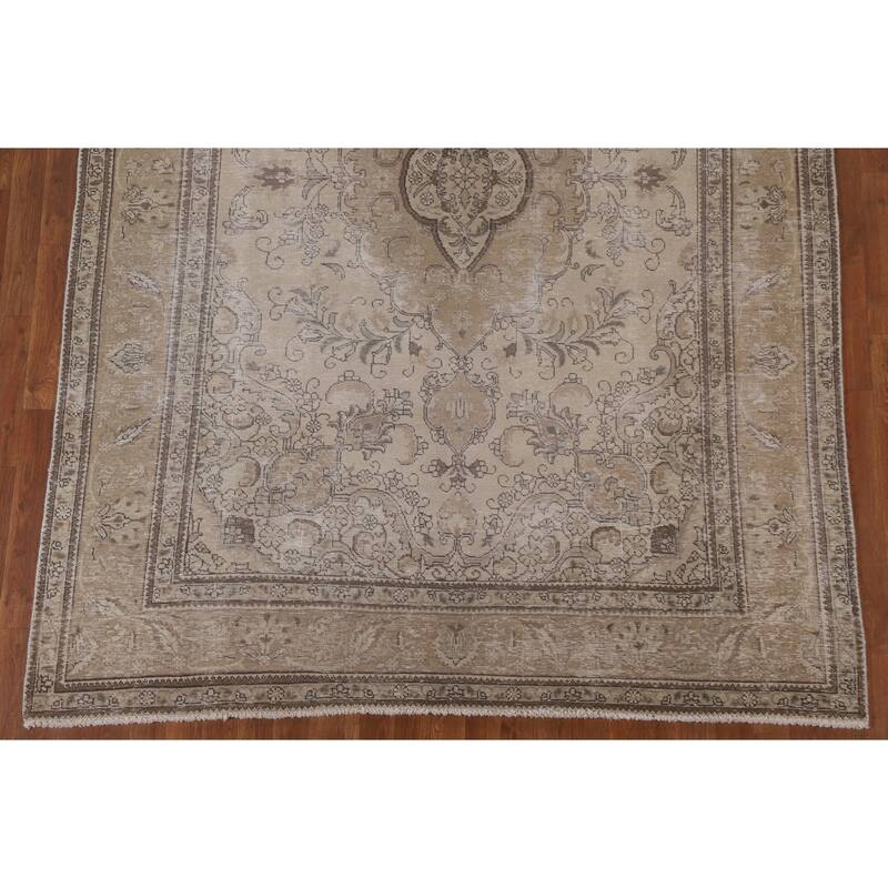 Beige Distressed Tabriz Persian Vintage Rug Handmade Wool Carpet - 6'6" x 9'3"