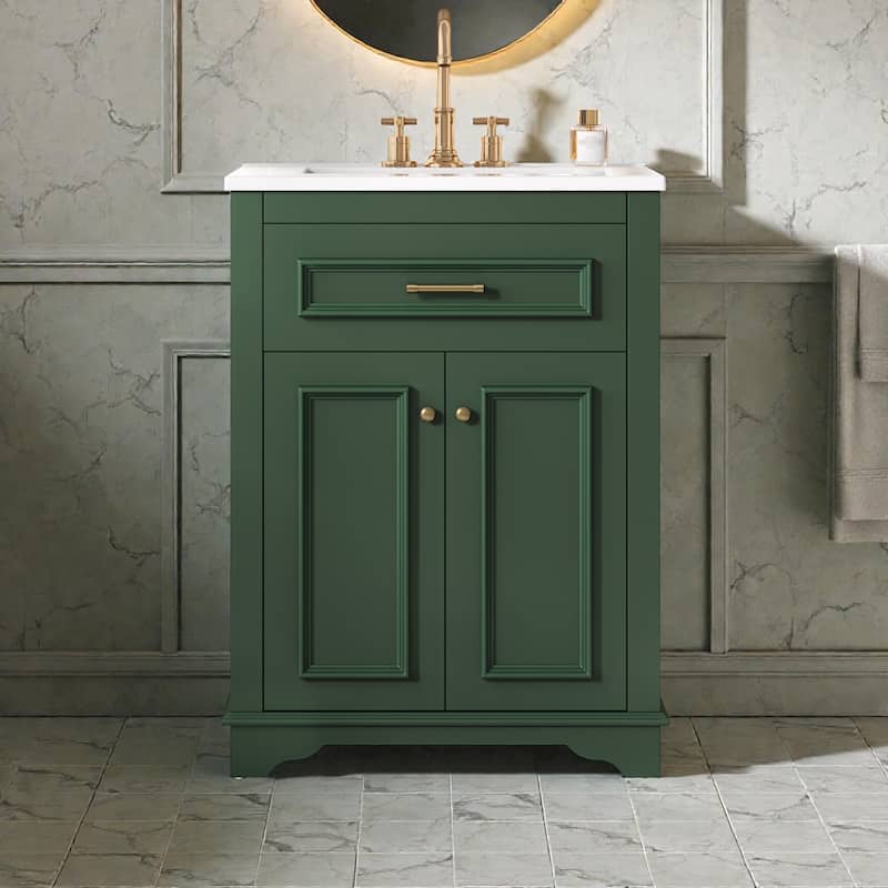 24 Inch Bathroom Vanity with Integrated Ceramic Sink, Freestanding Cabinet with Tip-Out Drawer, Small Space Vanity - Green
