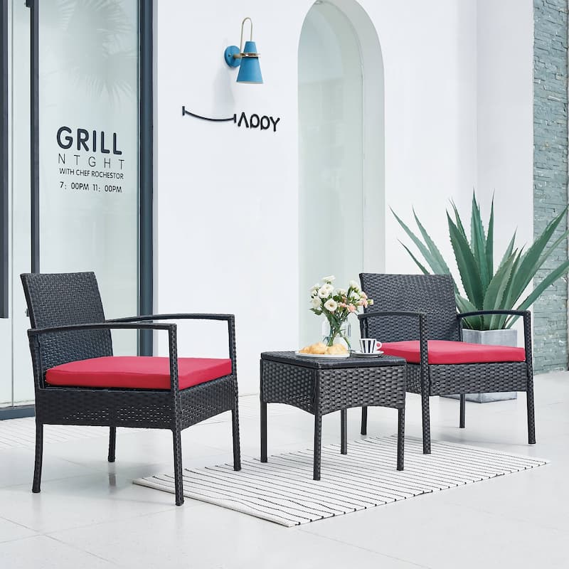 Outdoor Furniture 3 Piece Patio Bistro Furniture Set, Rattan Conversation Chairs Set with Side Table and Cushions - Red