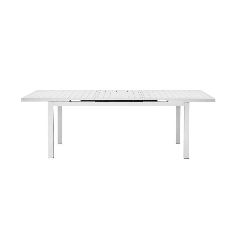 Meta 95 Inch Extendable Dining Table, White Aluminum Frame, Plank Top