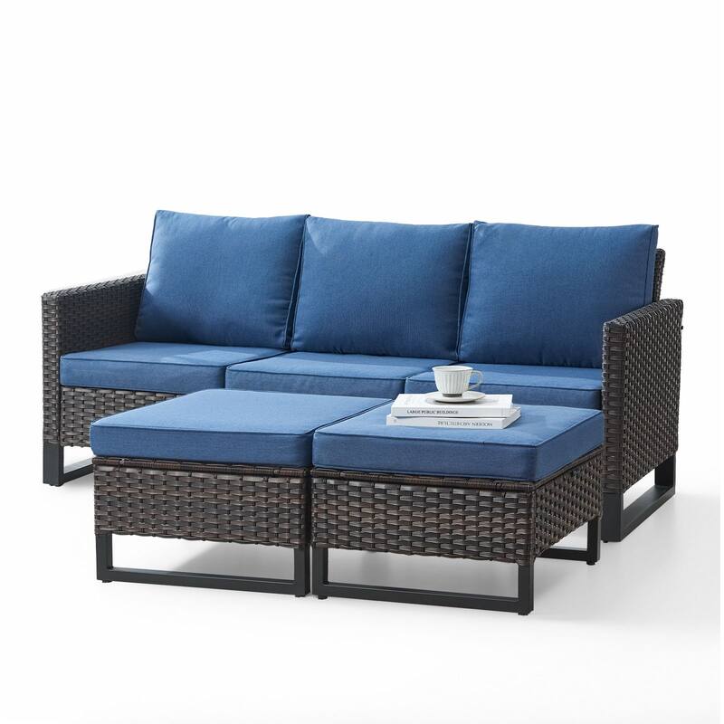 3 Pieces Outdoor Wicker Sofa with Ottomans Brown - Blue
