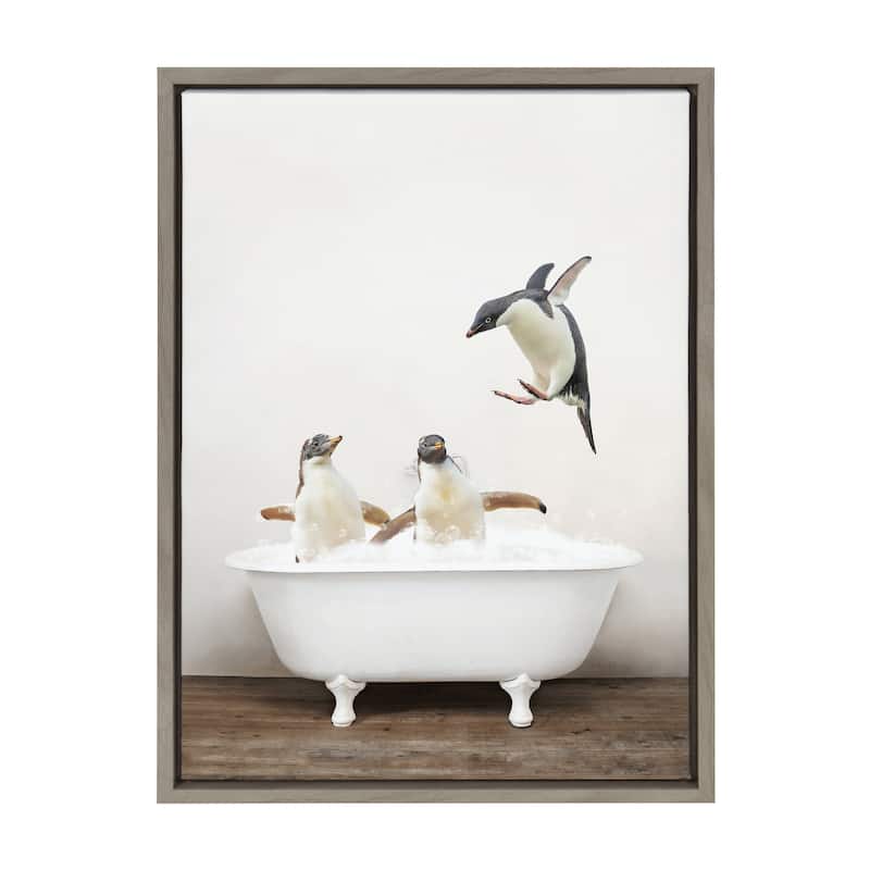 Kate and Laurel Sylvie Penguins Bath Framed Canvas by Amy Peterson
