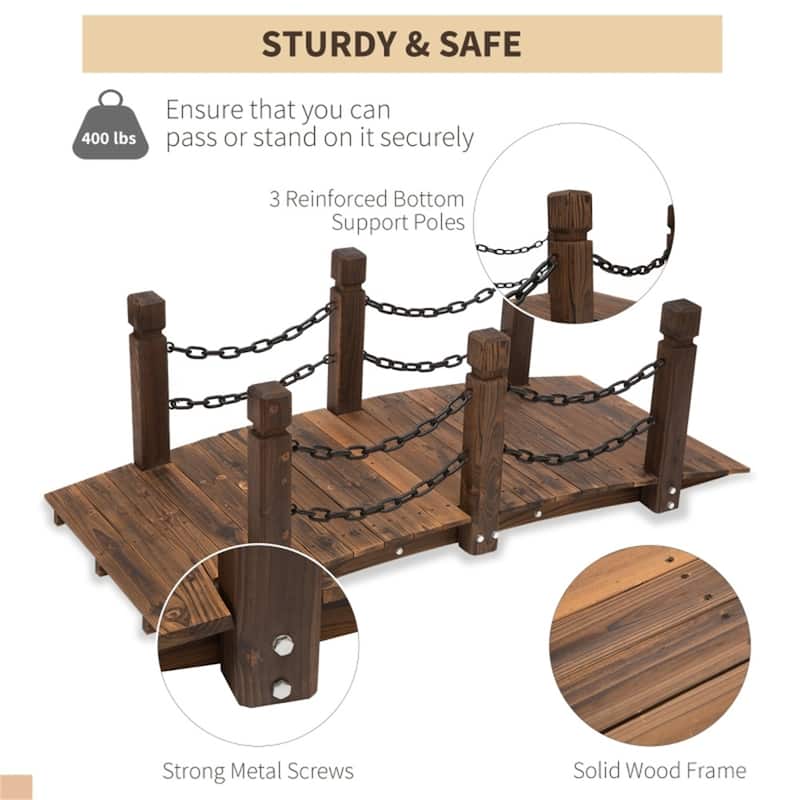 Curved Wooden Garden Bridge with Metal Chain Rails Fir Wood Outdoor Pond Landscaping Walkway 59 Inch