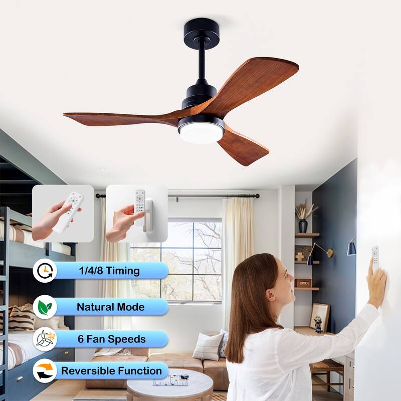 42 Inch Modern Ceiling Fan With 3 Color Dimmable 3 Solide Wood Blades Remote Control Reversible DC Motor With Led Light