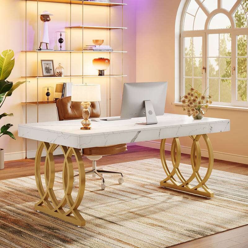 63'' Executive Desk, Modern Office Desk White and Gold Computer Desk