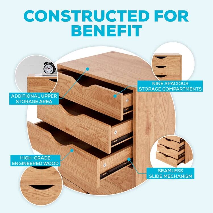 Narrow Wooden 9-Drawer Cabinet with Smooth-Glide Drawers, Top Storage Shelf, and Space-Saving Design