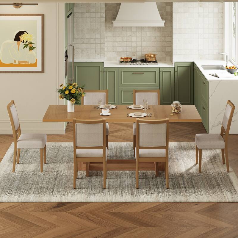 82" Rustic Extendable Dining Table Set: 7-Piece Trestle Table with 6 Upholstered Chairs & 2 Removable Leaves