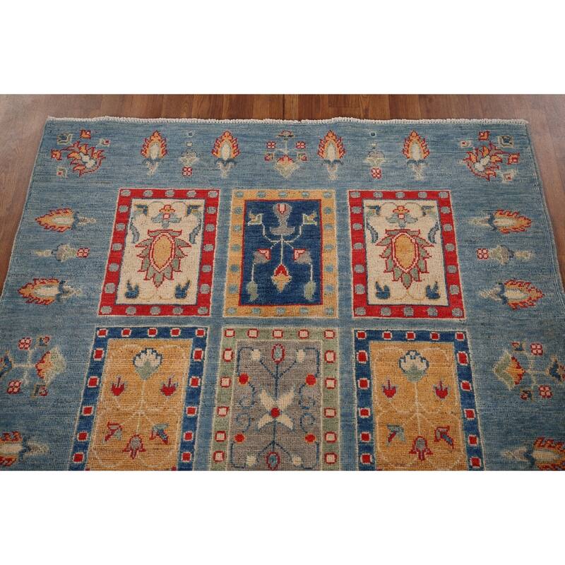 Garden Design Blue Kazak Oriental Area Rug Hand-Knotted Wool Carpet - 4'3" x 6'2"