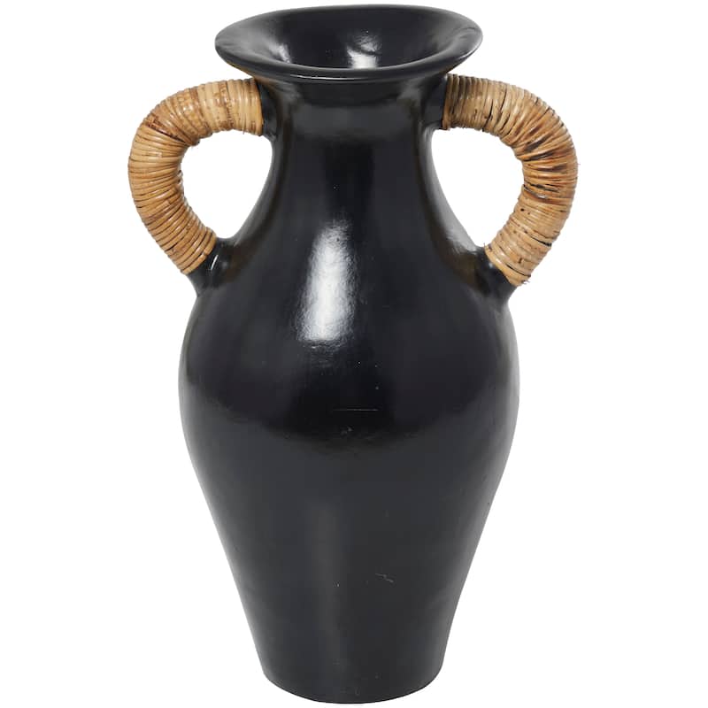 Black Ceramic Jug Inspired Vase with Rattan Wrapped Handles
